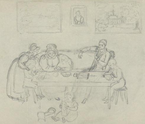 von Fellenberg auf einer alten Zeichnung rechts auf dem Hocker